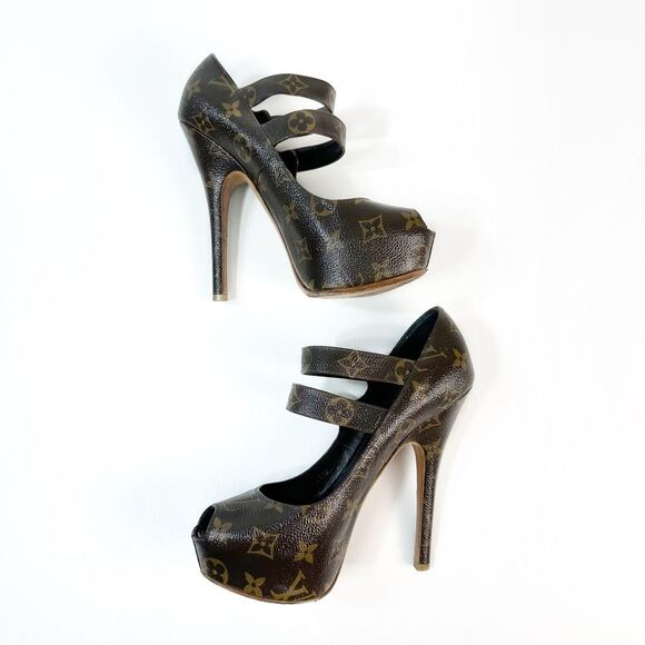 LOUIS VUITTON Ritual Fetish Platform Pumps Size 38 Brown Monogram Peep Toe - Picture 4 of 16